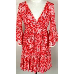 A CALIN Flying Tomato Red Floral Tiered Ruffle Bell Sleeve Maxi Boho dress SzMED